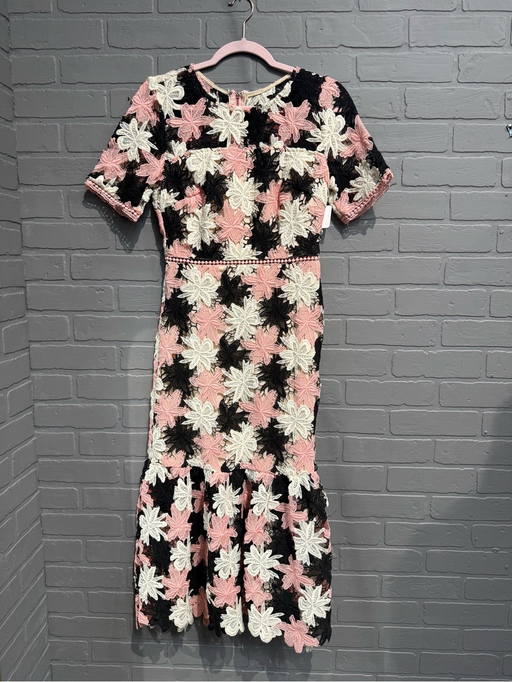 Just Me Pink, Black & cream Floral Lace Maxi Dress
